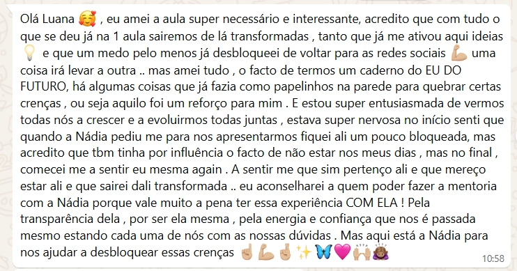 Print de uma mentorada sobre desbloquear crenças, sentir pertença e ganhar confiança.