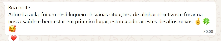 Print de uma mentorada sobre alinhar objetivos e cuidar do seu bem-estar.