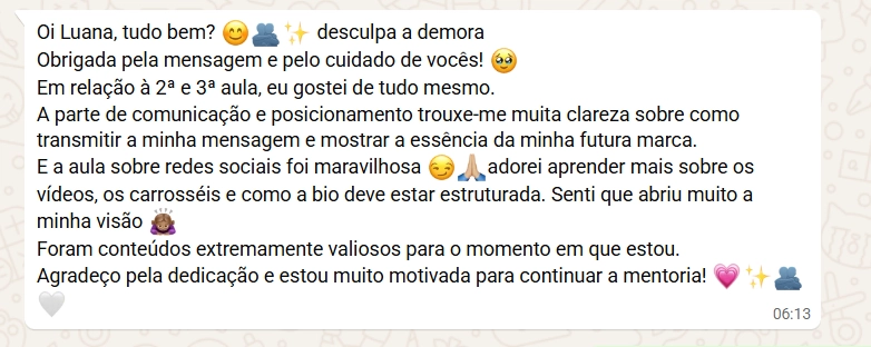 Print de uma mentorada sobre clareza na comunicação e no posicionamento da sua marca.