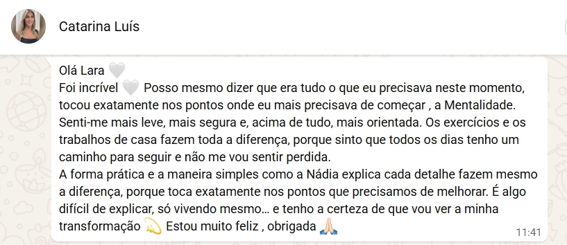 Print de Catarina Luís sobre sentir-se mais leve, segura e orientada.